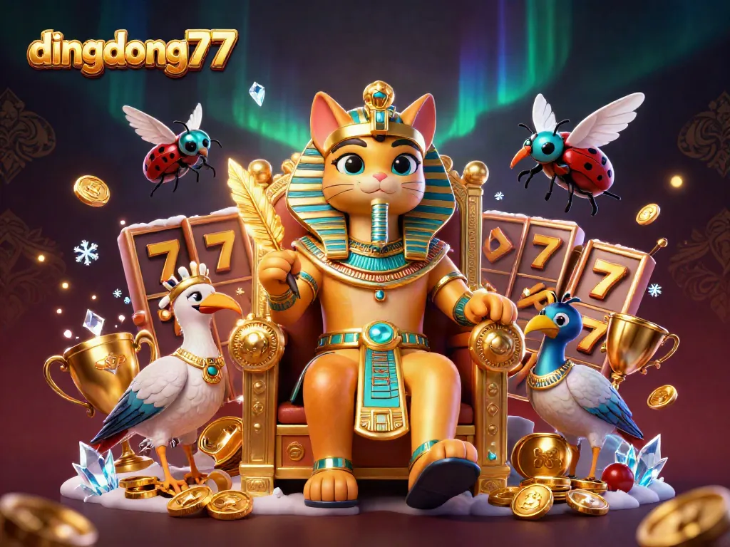 Experience excitement with dingdong77's vivid 3D illustration of playful casino elements and characters.