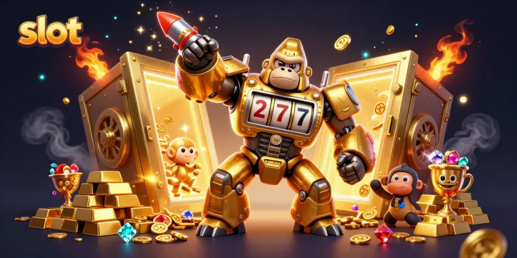 Experience thrilling gameplay with slot-themed 3D golden gorilla mech surrounded by treasure elements.
