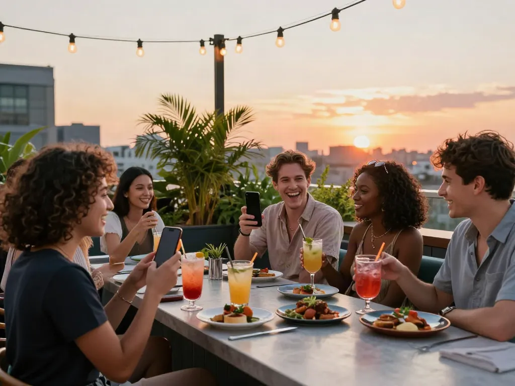 Friends enjoying cocktails at NoHu rooftop bar with stunning NYC skyline at sunset.