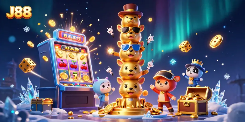Experience J88's vibrant casino thrills with a dynamic totem pole and exploding slot machine.