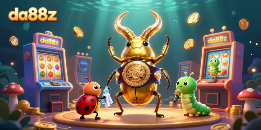 Join the action at da88z with vibrant slot machines and a boxing beetle champion for a thrilling casino experience.