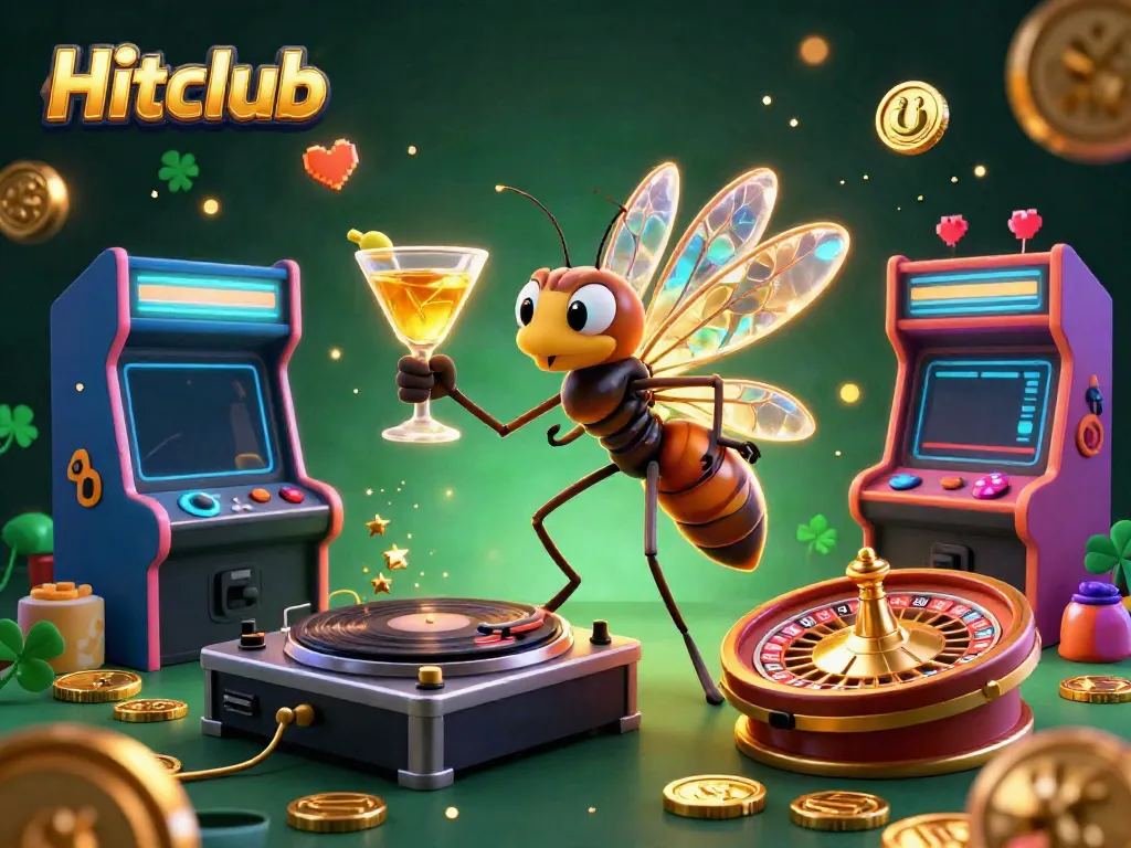A vibrant Hitclub scene featuring cartoon characters and dynamic casino games, capturing the essence of online gaming.