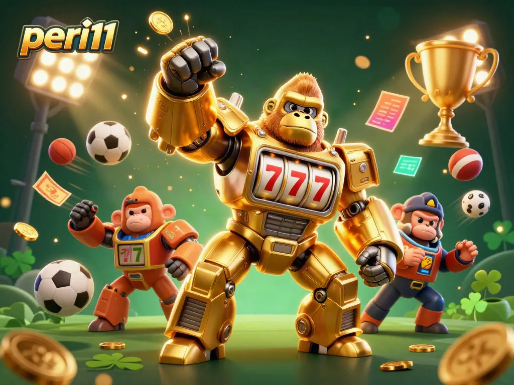 Experience thrilling wins at peri11 with a vibrant 3D scene featuring a golden gorilla mech and dynamic sports elements.