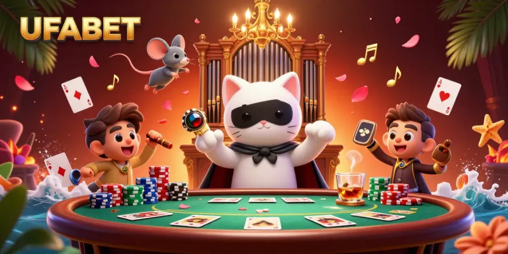 Engage in UFABET online gaming with a captivating 3D casino scene showcasing a whimsical cat and vibrant poker elements.