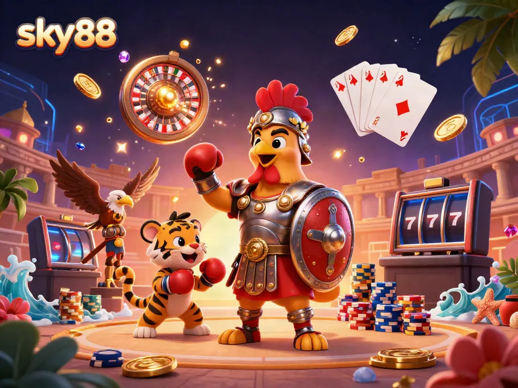 Engage with sky88's vibrant casino atmosphere, showcasing thrilling games and iconic characters.