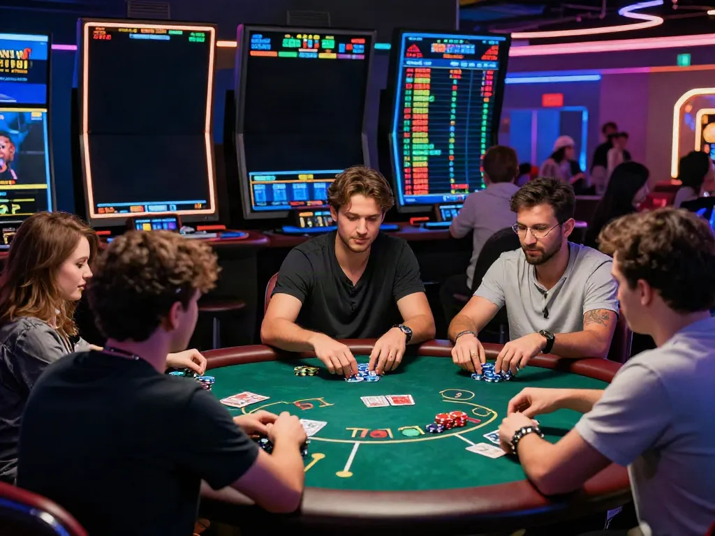 Players engaging in online gambling at a lively casino scene with net88 gaming elements.