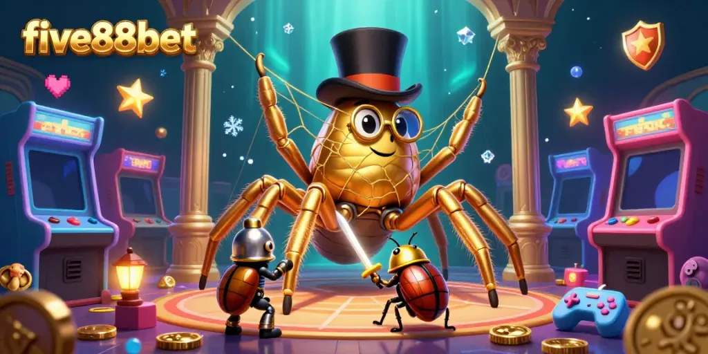 Engage with five88bet's dynamic casino scene featuring a golden tarantula and beetle knight intrigued by riches.
