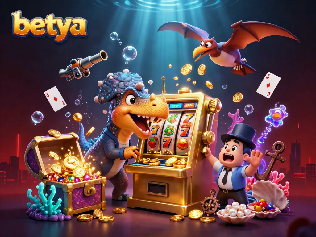 Experience exciting big wins with betya's dynamic cartoon scene showcasing a pachycephalosaurus and slot machine.