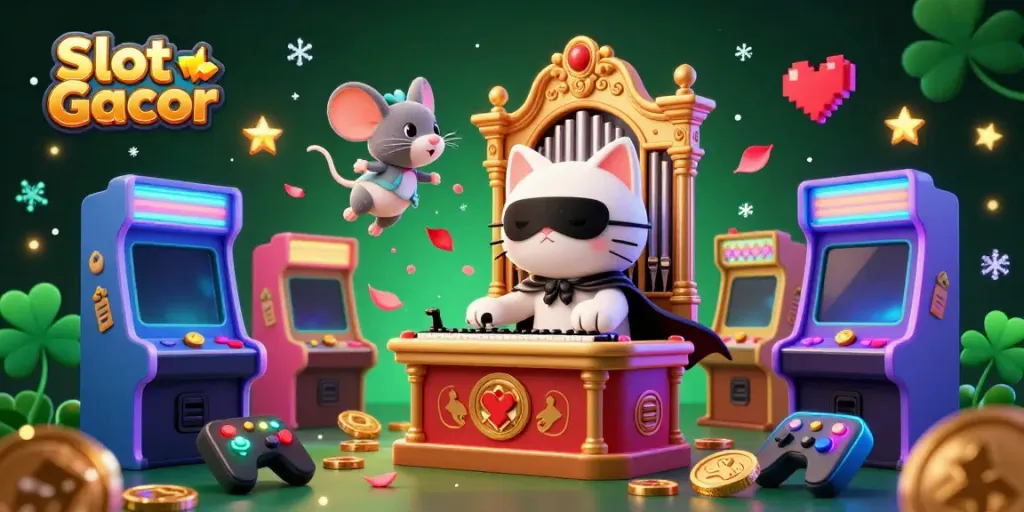 Experience Slot Gacor action with whimsical characters and lively casino elements in a vibrant scene.