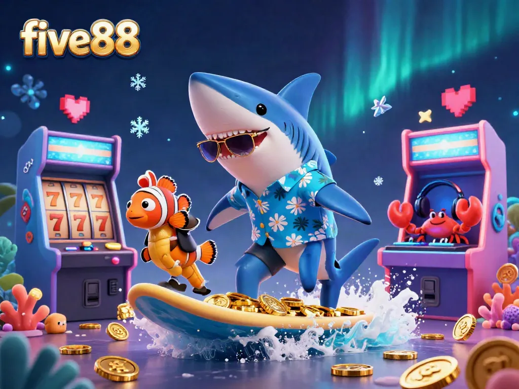 Experience a thrilling five88 casino adventure with a surfing shark, diversifying gaming elements swirling around.