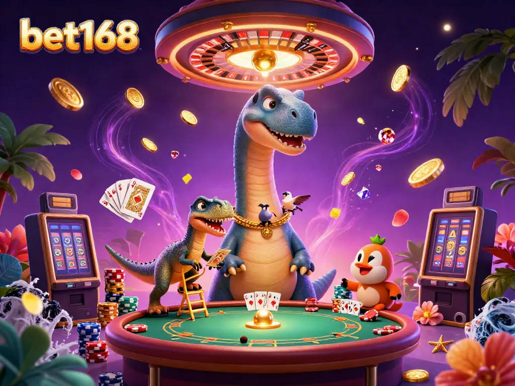 bet168 features a playful scene with a giant brontosaurus and clever raptor in a vibrant casino atmosphere.