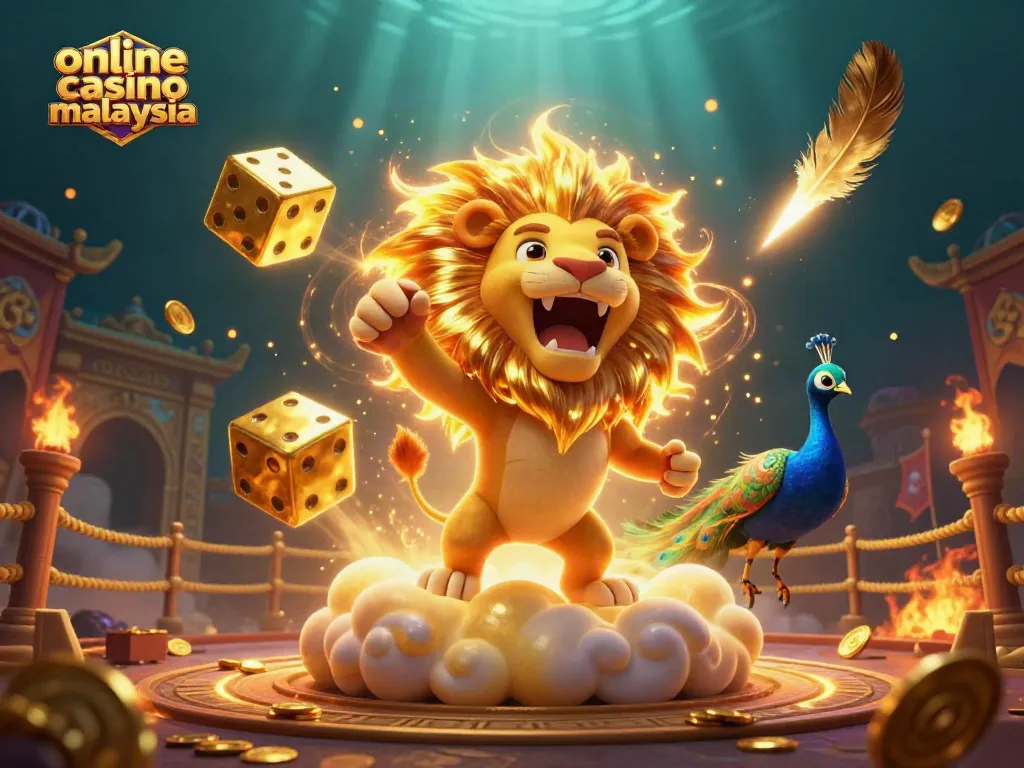 Engaging action in an online casino Malaysia featuring golden dice, a roaring lion, and exciting game elements.