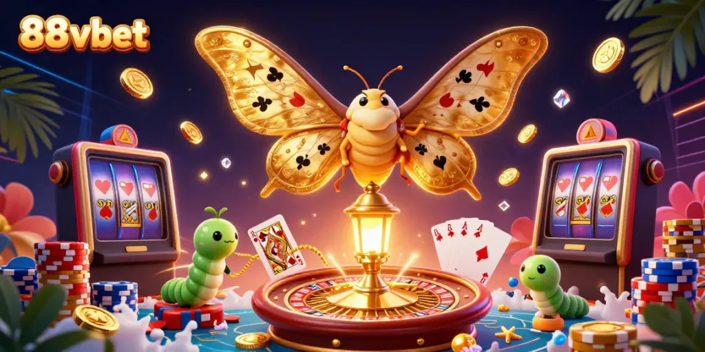 Engage with 88vbet's live casino experience featuring a 3D scene of vibrant gaming elements and a majestic atlas moth.