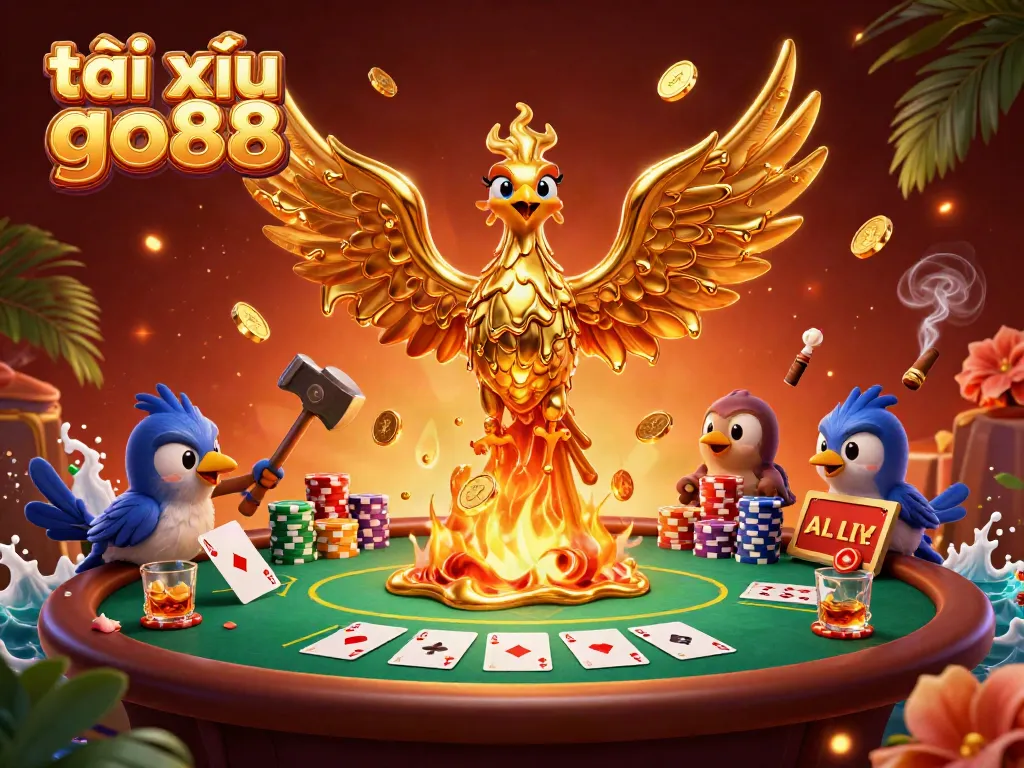 Experience the thrill of tài xỉu go88 with this vibrant 3D scene featuring a molten gold phoenix and poker elements.