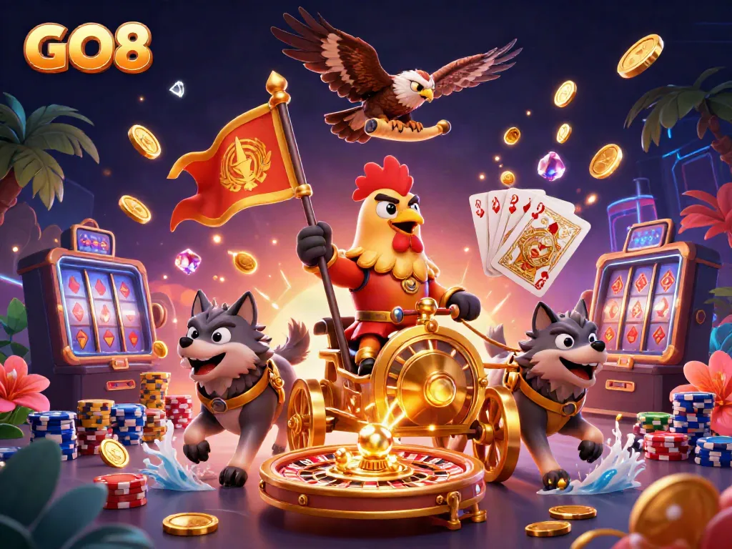 Experience thrilling gameplay at GO8 with dynamic 3D casino scene featuring exciting gaming elements.