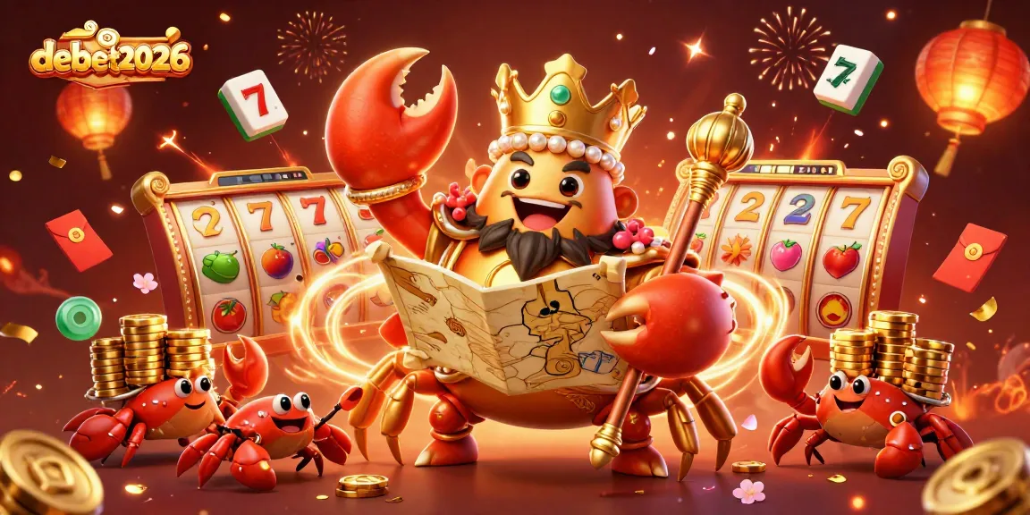 Experience thrilling wins with debet2026 in this vibrant casino-themed illustration showcasing a golden crab emperor.