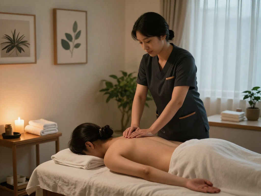 Experience a calming 부천출장마사지 with a professional therapist in a tranquil home setting, promoting relaxation and wellness.