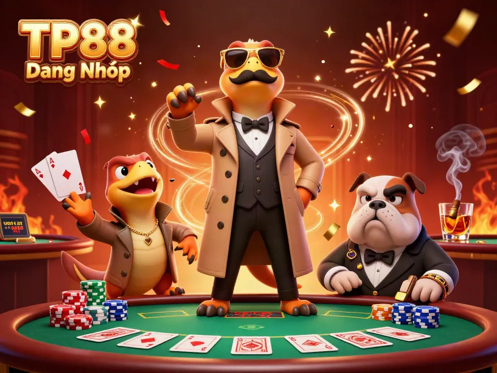 Experience the thrill of TP88 Đăng Nhập in a vibrant casino scene with cartoon raptors and poker elements.