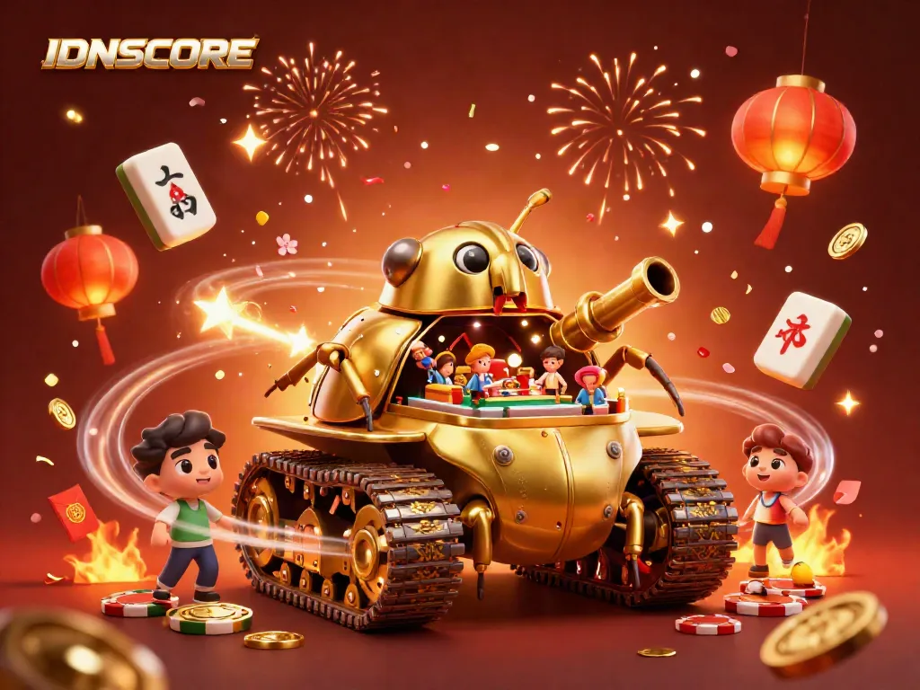 Experience IDNSCORE in an ultra-detailed digital casino scene with vibrant elements, confetti, and joyful patrons.
