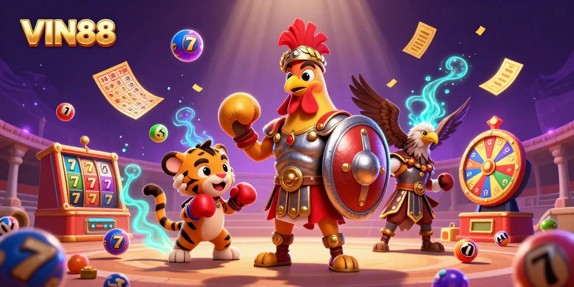 Experience thrilling gaming with VIN88 as cartoon gladiator and fun elements create an exciting casino atmosphere.