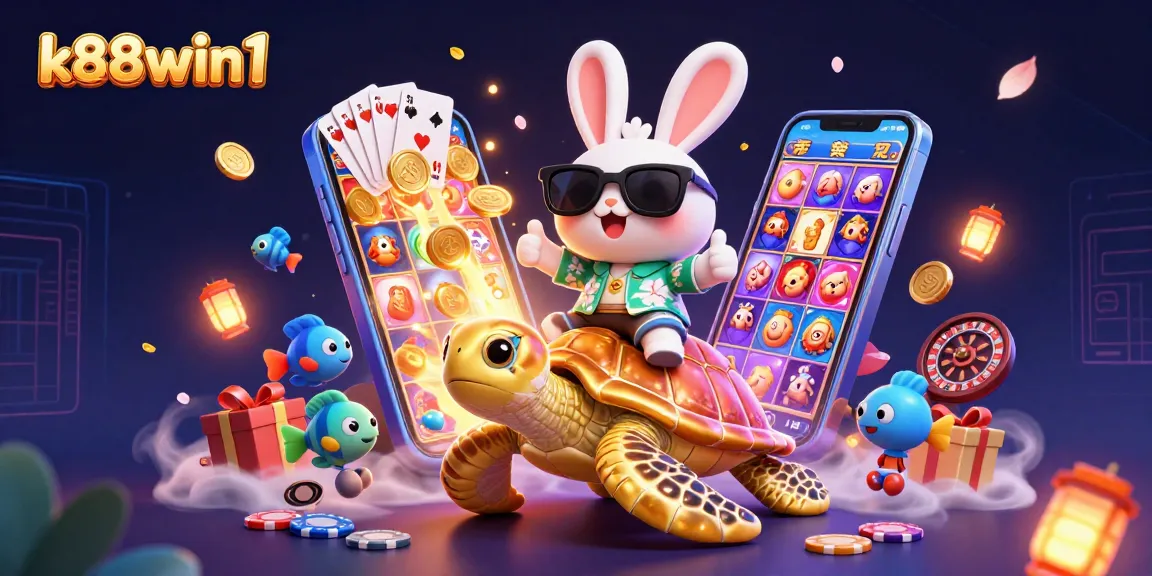 Spin wins and big jackpots at k88win1, featuring vibrant cartoon characters and exciting casino elements.