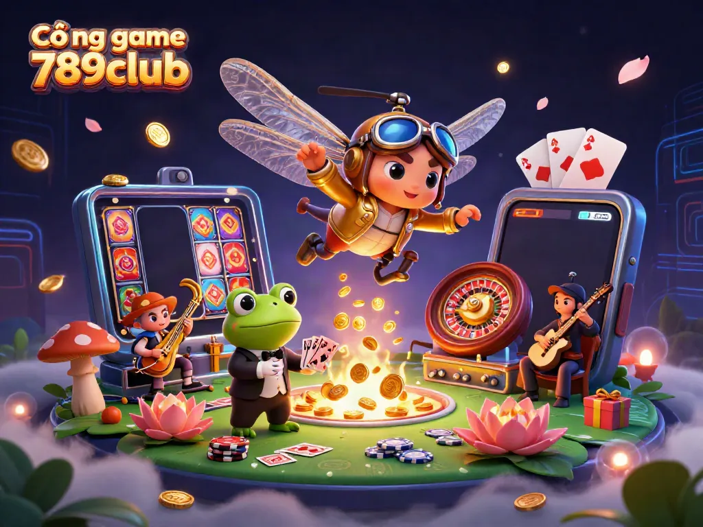 Experience thrilling action at Cổng game 789club with vibrant characters and casino elements in this dynamic illustration