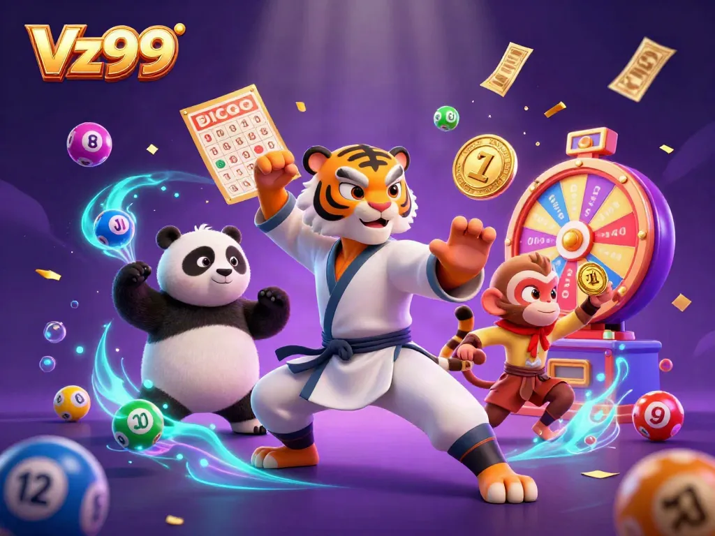 Experience the excitement of Vz99 with a dynamic 3D illustration featuring a kung fu tiger, panda disciple, and monkey student amidst colorful lottery elements.