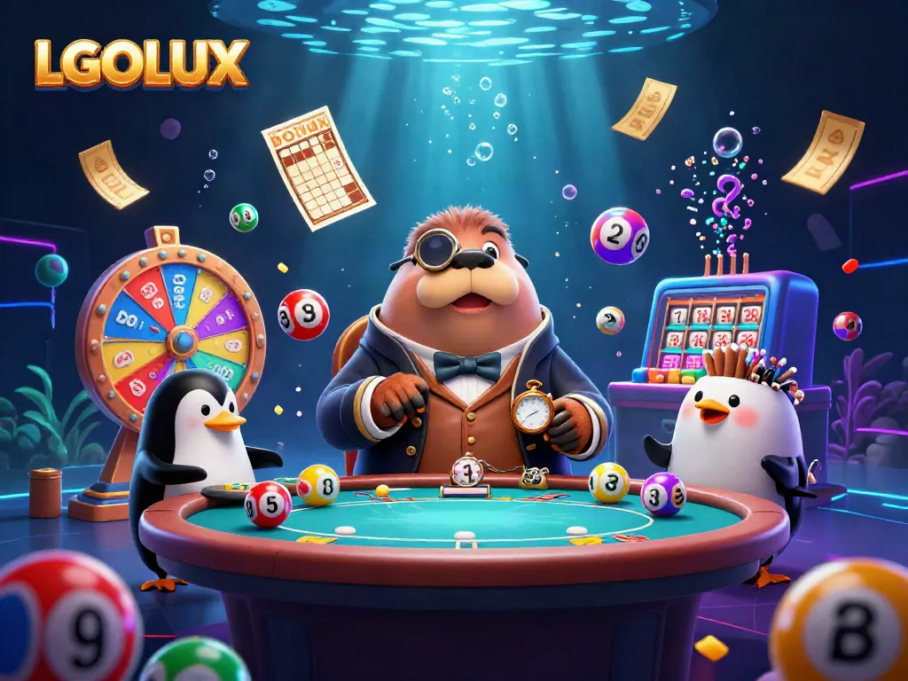Engage with the jolly walrus at the underwater poker table in the exciting LGOLUX casino scene.