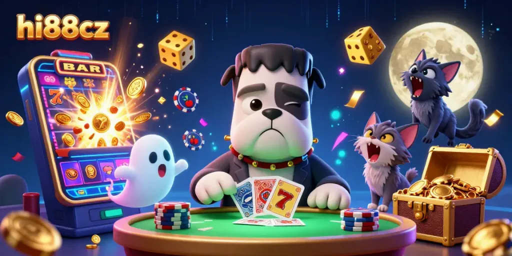 Engage with hi88cz as a zombie bulldog dealer shuffles cards at a vibrant casino table.