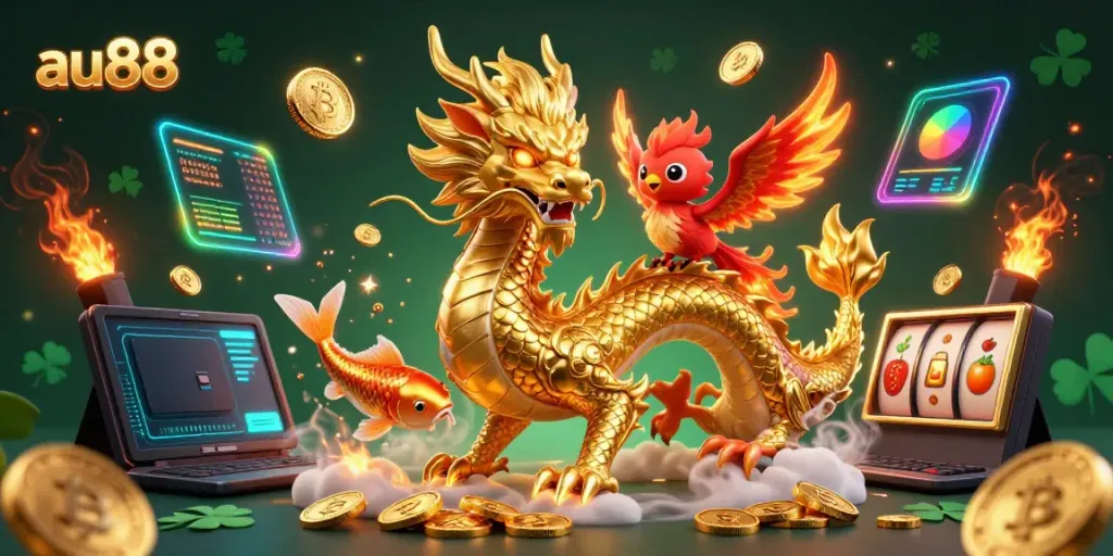 Experience captivating gameplay at au88 with a dragon, phoenix, and koi fish amidst a shower of coins.