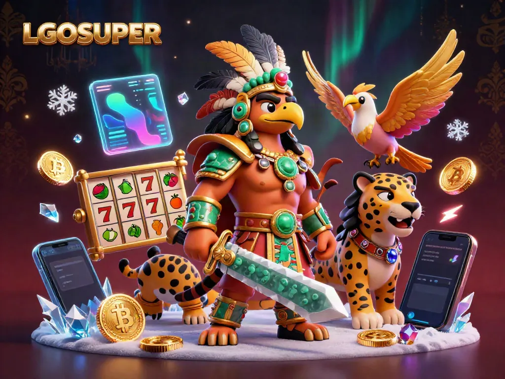 Experience winning with LGOSUPER's vibrant slot game scene featuring dynamic 3D characters and currency elements.