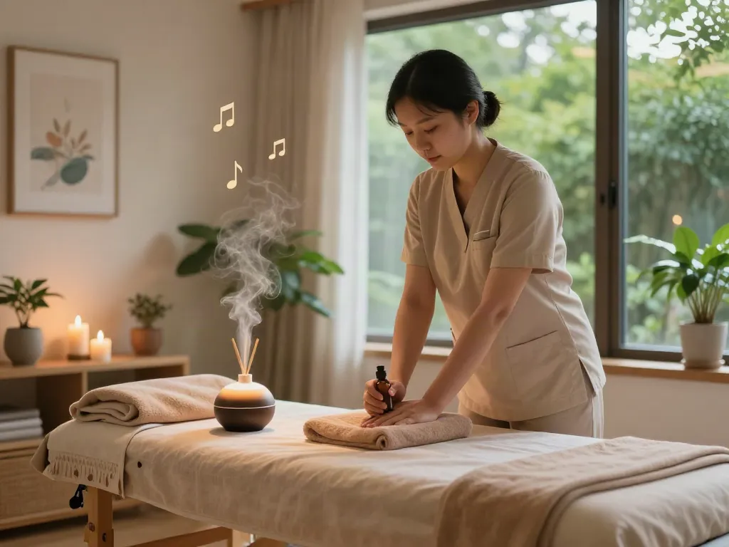 Relaxing Hwasung massage therapy scene with a therapist preparing soothing aromatherapy treatment.