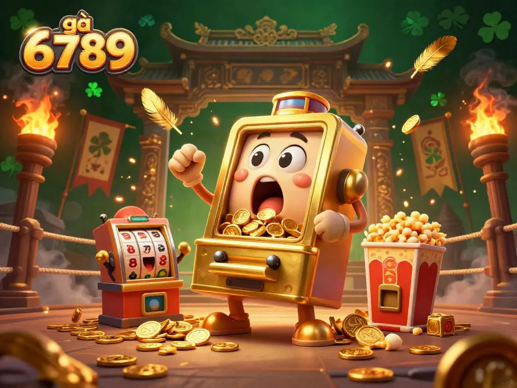 gà 6789 celebrates with a joyful slot machine hitting a jackpot amidst golden coins and exciting casino action.