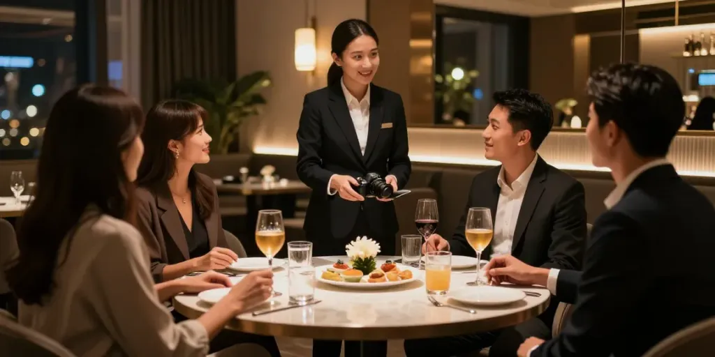 고급스러운 강남 구구단의 독립된 룸에서 손님과 매니저가 소통하는 장면