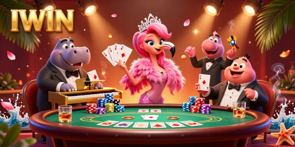 IWIN's vibrant casino scene showcases a flamingo singer and a hippo bassist amidst poker chips and cards.