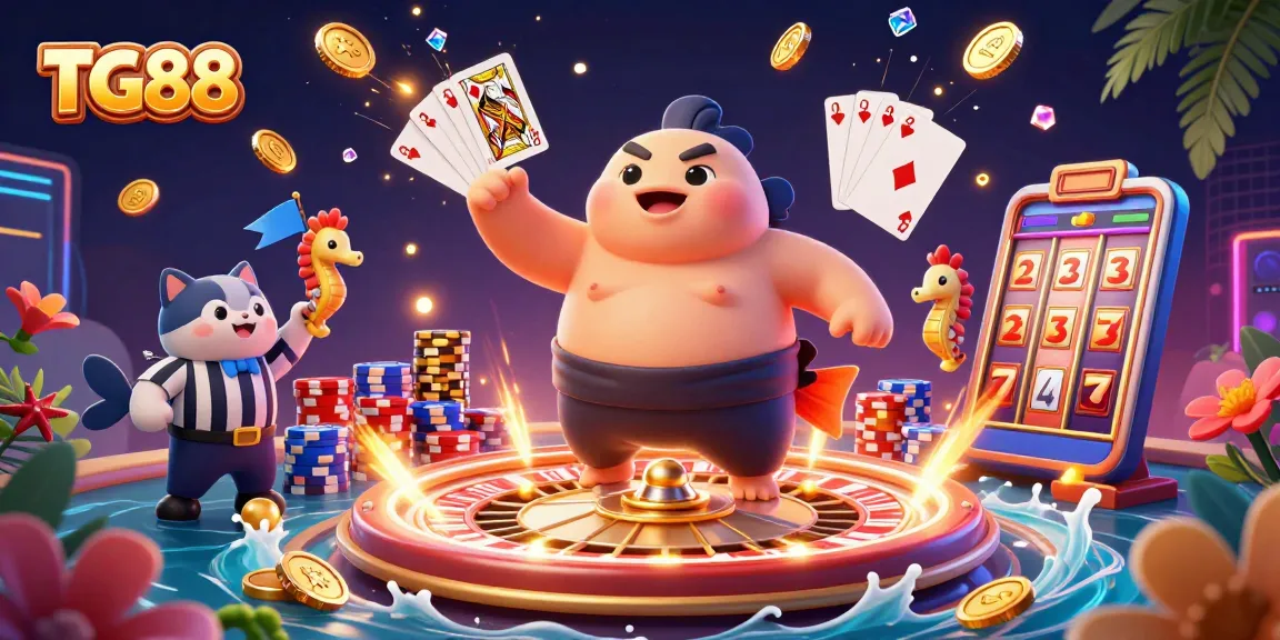 TG88 showcases thrilling casino excitement with a dynamic underwater scene featuring a fugu, catfish referee, and slot machines.