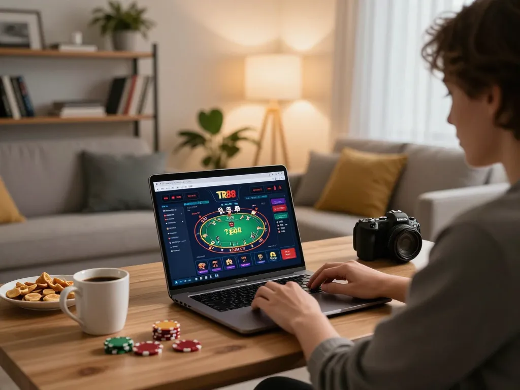 Engaging online TR88 poker session in a cozy living room, emphasizing responsible gaming