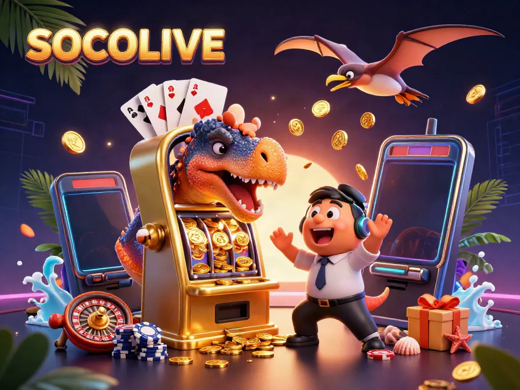 SOCOLIVE delivers thrilling moments with a pachycephalosaurus hitting a golden slot machine amidst a vibrant casino scene