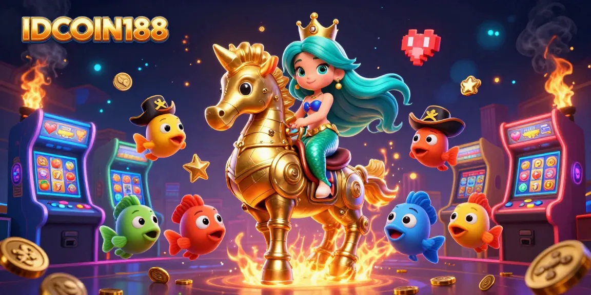 IDCOIN188 casino scene with a mermaid princess, seahorse, and vibrant slot game elements.