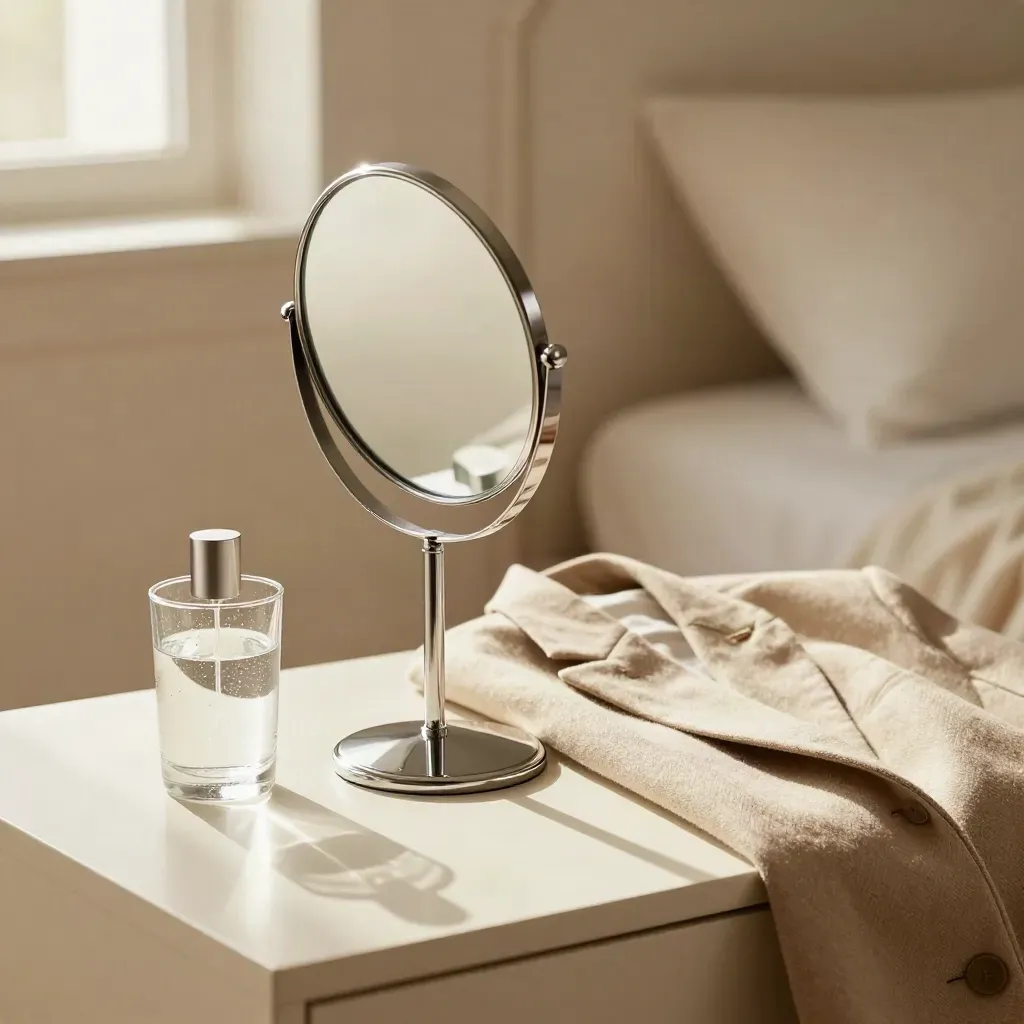 Mirror, blazer lapel, water glass and perfume bottle on a bedside table in soft morning light