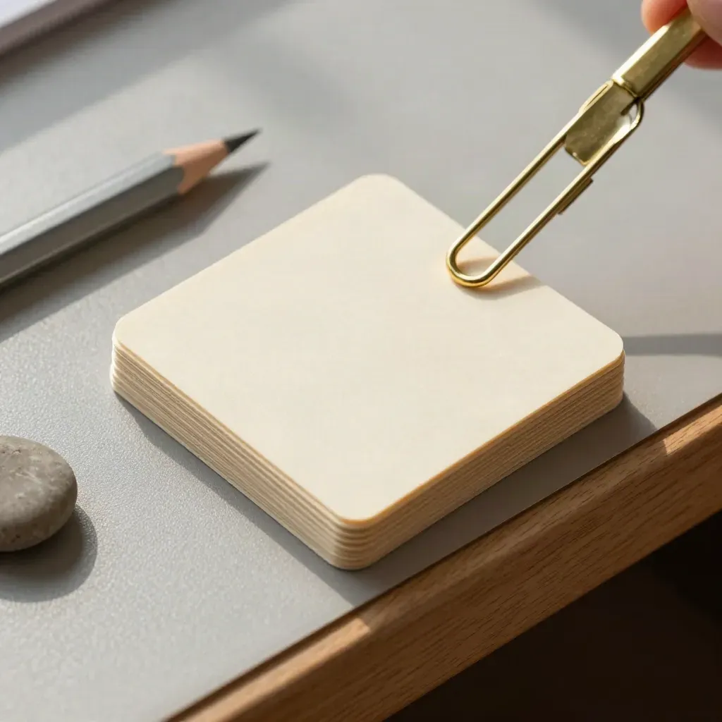 Brass clip with ivory goal cards, pencil, and pebble on a pale ash-grey desk