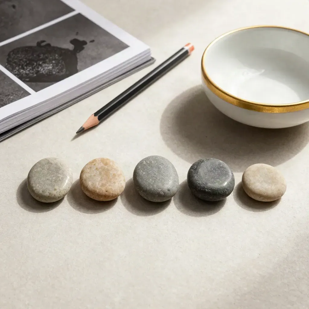 Top-down studio flatlay of seven stones, planner, pencil and bowl in first light.