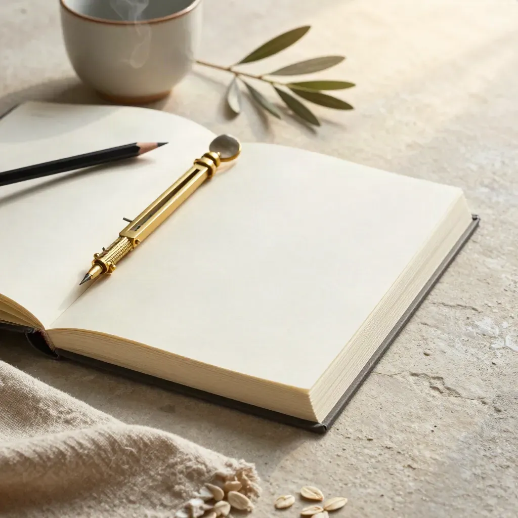 Macro still life of a mindset workbook, brass compass, pencil, linen, cup, and olive branch on stone.