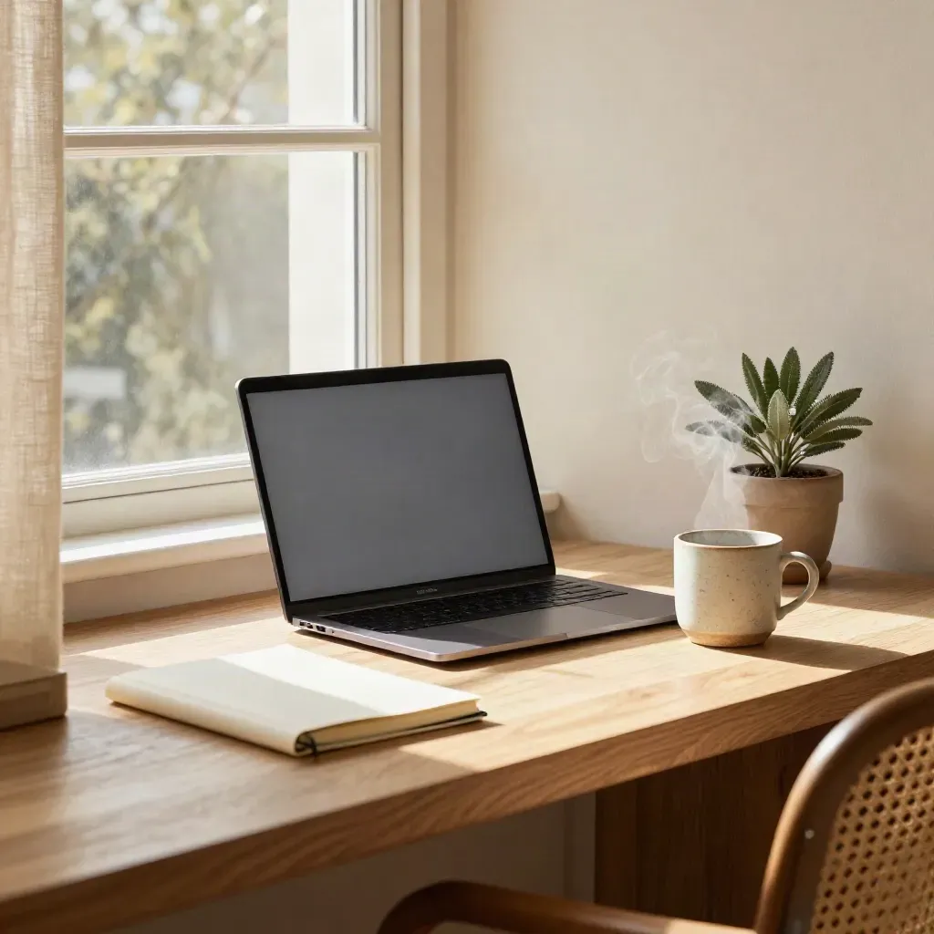 Sunlit workstation with a steaming mug, closed laptop, notebook, and small plant.