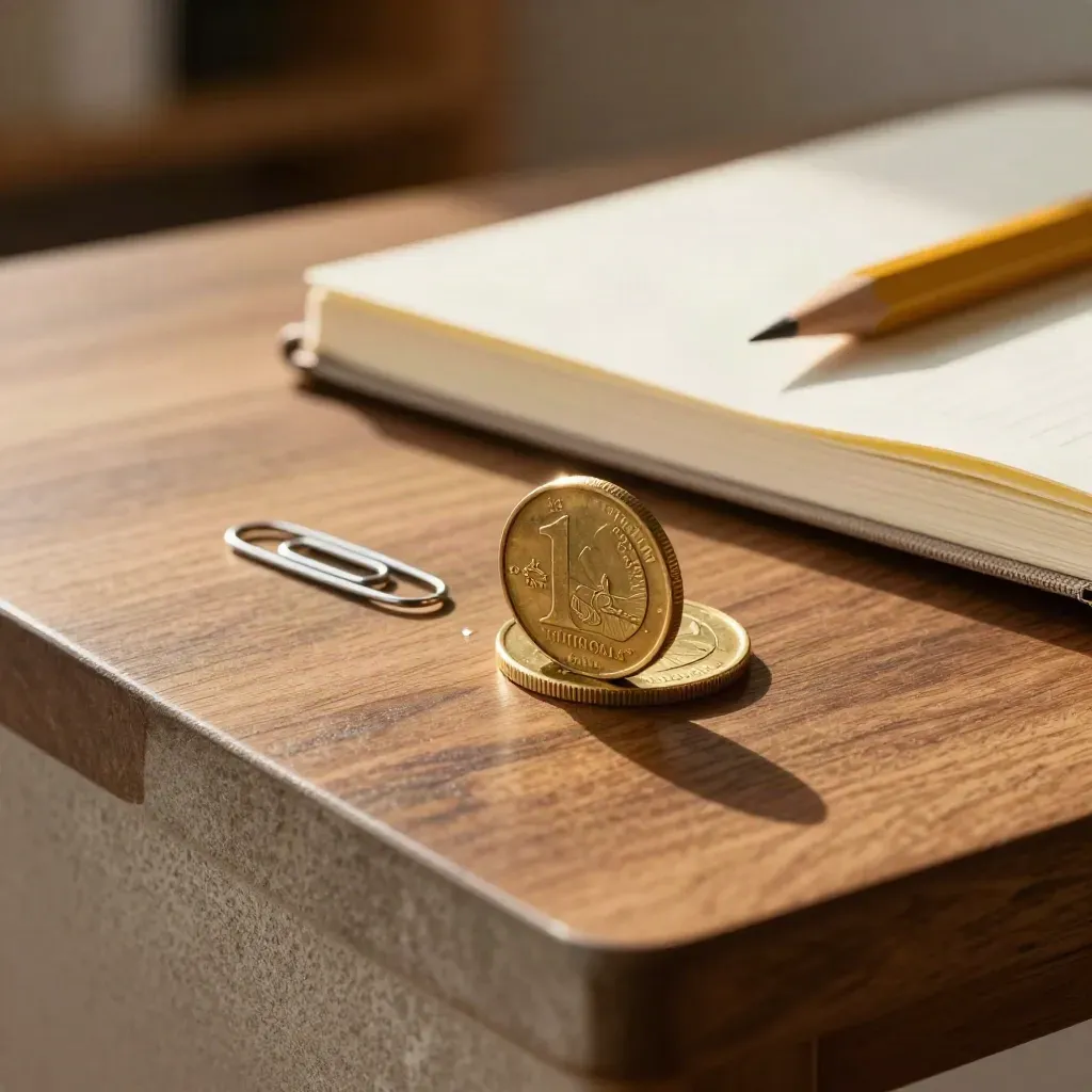 Brass goal coin sliding past paperclips beside a closed notebook and pencil on warm walnut.