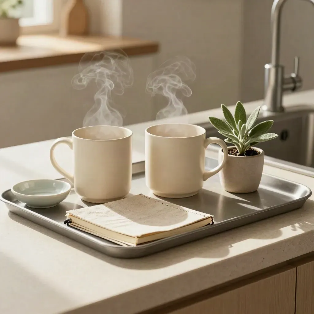 Steam rising from a mug beside a notebook, dish, and sage plant by the sink.