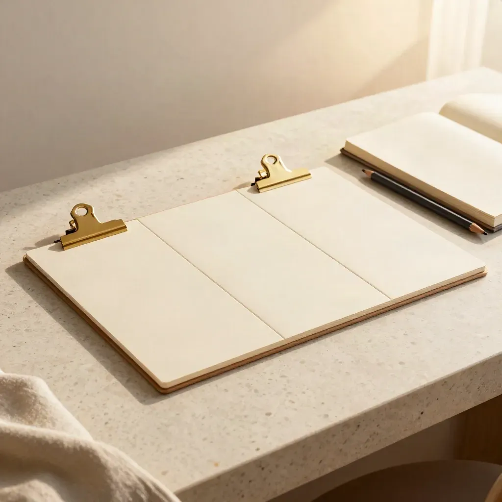 Planning board with brass clips, pencil, and notebook on a pale travertine desk