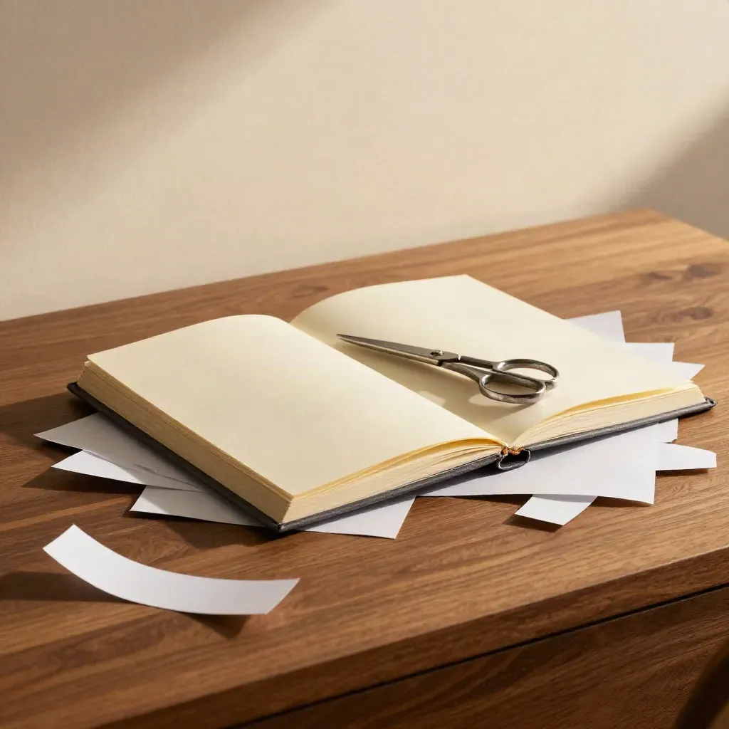 Scissors, paper scraps, and a clean notebook on a walnut desk in crisp daylight.