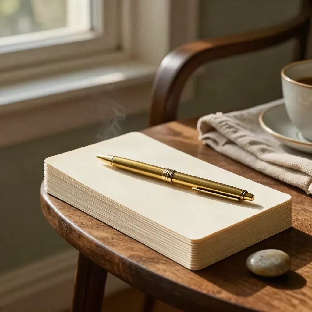 Fanned confidence cards, river stone and brass pen beside a chair in warm afternoon light.