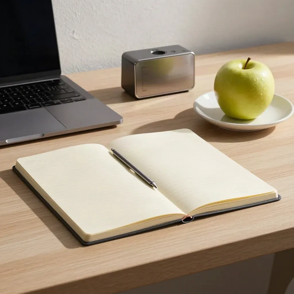 Top-down study desk with notebook, closed laptop, timer and apple in cool late-night light.